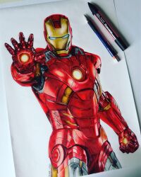 Rule 34 | 1boy, anthony-c, armor, art tools in frame, artist name, blue eyes, clenched hand, commentary, english commentary, glowing, highres, iron man, iron man (series), iron man 3, male focus, marker, marker (medium), marvel, marvel cinematic universe, mechanical pencil, open hand, pencil, photo (medium), power armor, realistic, solo, traditional media