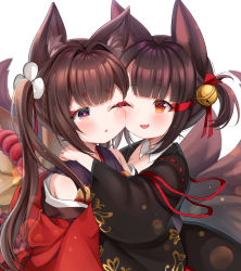 Rule 34 | 2girls, ;d, ;o, akagi-chan (azur lane), amagi-chan (azur lane), animal ear fluff, animal ears, azur lane, bell, black kimono, blunt bangs, blush, brown hair, brown tail, cheek-to-cheek, commentary request, detached collar, eyeshadow, fang, fox ears, fox girl, fox tail, hair bell, hair intakes, hair ornament, heads together, highres, hug, japanese clothes, kimono, long hair, looking at another, makeup, multiple girls, multiple tails, off shoulder, one eye closed, open mouth, purple eyes, purple kimono, red eyes, red eyeshadow, red kimono, ribbon, rope, shimenawa, short hair, sidelocks, simple background, sleeveless, sleeveless kimono, smile, tail, tears, thick eyebrows, twintails, upper body, white background, wide sleeves, yukinimaru