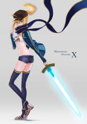 Rule 34 | 1girl, ahoge, artoria pendragon (fate), ass, black hat, blue buruma, blue jacket, blue scarf, blue thighhighs, buruma, character name, excalibur (fate/stay night), fate/grand order, fate (series), from side, full body, green eyes, grey background, gym uniform, hair between eyes, hat, higa-tsubasa, highres, holding, holding sword, holding weapon, jacket, long sleeves, looking at viewer, mysterious heroine x (fate), open clothes, open jacket, peaked cap, scarf, shirt, simple background, solo, standing, sword, thighhighs, weapon, white shirt