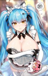 Rule 34 | 1girl, animal ears, apron, black dress, blue hair, blush, breasts, cat ears, cleavage, cocoa (nikke), dress, drill hair, elbow gloves, fake animal ears, frown, gloves, goddess of victory: nikke, highres, holding, huge breasts, large breasts, legwear garter, light blue hair, long hair, looking at viewer, maid, maid headdress, neck bell, official alternate costume, pasadena, paw hair ornament, privaty (nikke), privaty (unkind maid) (nikke), skindentation, spoken squiggle, squiggle, thighhighs, twin drills, twintails, very long hair, white apron, white gloves, white thighhighs, yellow eyes