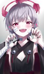 Rule 34 | 1girl, :d, bandaged arm, bandages, black nails, blue archive, cleavage cutout, clothing cutout, fangs, fingernails, flat chest, gauze, gauze on cheek, gradient background, grey background, grey hair, halo, heart, highres, kimae, long hair, looking at viewer, nail polish, open mouth, pointy ears, red eyes, red halo, shuro (blue archive), smile, solo, teeth, upper body, upper teeth only