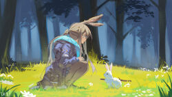 Rule 34 | absurdres, amiya (arknights), animal ears, arknights, blue eyes, blue jacket, brown hair, closed mouth, day, drd1, forest, highres, hood, hooded jacket, jacket, long hair, nature, outdoors, pantyhose, ponytail, rabbit, rabbit ears, rabbit girl, smile, squatting