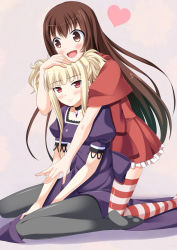 Rule 34 | 10s, aoki hagane no arpeggio, blonde hair, blush, brown hair, capelet, dress, hand in own hair, hug, hug from behind, kongou (aoki hagane no arpeggio), long hair, maya (aoki hagane no arpeggio), multiple girls, open mouth, pantyhose, personification, sitting, smile, striped clothes, striped legwear, striped thighhighs, thighhighs, twintails, yoruda