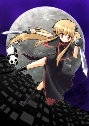 Rule 34 | blonde hair, boots, cat, china dress, chinese clothes, dress, jian (weapon), long hair, moon, night, red eyes, solo, sword, weapon