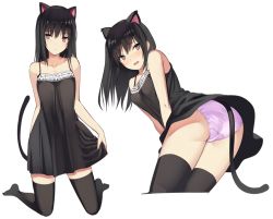 Rule 34 | 1girl, animal ears, ass, bare shoulders, black hair, black thighhighs, blush, breasts, brown eyes, cat ears, cat girl, cat tail, collarbone, commentary, covering privates, covering crotch, dress, embarrassed, fake animal ears, kneeling, kureha (ironika), long hair, looking at viewer, looking back, multiple views, open mouth, original, panties, parted lips, pink panties, skirt hold, small breasts, tail, thighhighs, underwear, white background