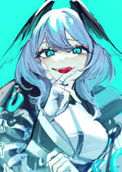 Rule 34 | 1girl, aizuki sui, arknights, blue background, blue eyes, breasts, commentary request, fingerless gloves, fingernails, gloves, grey hair, hair between eyes, highres, ho&#039;olheyak (arknights), large breasts, licking lips, long sleeves, looking at viewer, medium hair, open mouth, simple background, sketch, solo, teeth, tongue, tongue out, upper teeth only, white gloves, wide sleeves