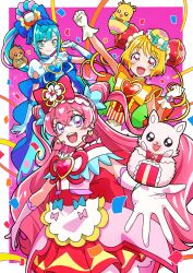 Rule 34 | 3girls, :d, blonde hair, blue hair, commentary request, cure precious, cure spicy, cure yum-yum, delicious party precure, dress, eyelashes, fuwa kokone, gloves, green eyes, hair ornament, hanamichi ran, happy, highres, light blue hair, long hair, looking at viewer, magical girl, multicolored hair, multiple girls, nagomi yui, open mouth, pink background, pink eyes, pink hair, precure, red eyes, smile, streaked hair, tsukikage oyama