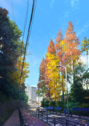 Rule 34 | apartment, autumn, autumn leaves, blue sky, building, bush, car, chain-link fence, city, cloud, commentary request, day, fence, highres, house, japan, lamppost, leaf, motor vehicle, niko p, no humans, original, outdoors, power lines, railing, road, scenery, signature, sky, tree, utility pole, window