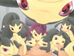 Rule 34 | 1boy, alternate color, black hair, blush, closed mouth, colored skin, creatures (company), fellatio, fingering, flat chest, game freak, gen 3 pokemon, heart, heart-shaped pupils, highres, mawaifu, mawile, multiple girls, navel, nintendo, open mouth, oral, penis, pokemon, pokemon (creature), pussy, red eyes, shiny pokemon, symbol-shaped pupils, tongue, uncensored, yellow skin