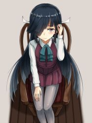Rule 34 | 10s, 1girl, adjusting hair, alternate hairstyle, black hair, blush, hair over one eye, hair ribbon, hayashimo (kancolle), highres, kantai collection, long hair, looking at viewer, pantyhose, ribbon, school uniform, simple background, smile, solo, twintails, very long hair, yakob labo