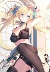 Rule 34 | 1girl, arm behind back, arm up, armpits, bare arms, bare shoulders, black bra, black choker, black panties, black thighhighs, blonde hair, blue eyes, bolt action, bra, breasts, choker, cleavage, closed mouth, commentary request, crotch seam, frilled choker, frills, garter belt, gun, headdress, highres, holding, holding gun, holding weapon, large breasts, long hair, looking away, on one knee, panties, regina mercedes, rifle, seiken gakuin no maken tsukai, side-tie panties, solo, spaghetti strap, string panties, thighhighs, thighs, toosaka asagi, trigger discipline, twintails, underwear, underwear only, weapon, wrist cuffs