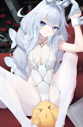 Rule 34 | 1girl, :o, absurdres, ahoge, animal ears, azur lane, blue eyes, braid, breasts, butterfly hair ornament, choker, commentary, couch, covered erect nipples, cross-shaped pupils, english commentary, fake animal ears, flower, grey hair, hair ornament, head tilt, highres, knees apart feet together, le malin (azur lane), le malin (listless lapin) (azur lane), leotard, long hair, looking at viewer, low twin braids, m legs, manjuu (azur lane), nontraditional playboy bunny, nstch root a, o-ring, o-ring choker, on couch, pantyhose, pillow, playboy bunny, rabbit ears, reclining, red flower, red rose, rose, small breasts, symbol-shaped pupils, thigh strap, twin braids, very long hair, white leotard, white pantyhose, wrist cuffs