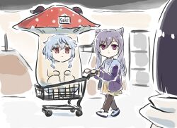 blue_hair ganyu_(genshin_impact) genshin_impact goat_horns horns in_shopping_cart keqing_(genshin_impact) mushroom mushroom_costume purple_hair pushing_cart shopping shopping_cart supermarket xinzoruo yelan_(genshin_impact)