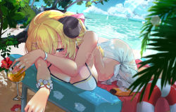 Rule 34 | 1girl, alternate costume, bad id, bad twitter id, beach, beach chair, bikini, blonde hair, breast press, breasts, cleavage, commentary, cowboy shot, crab, cup, day, drink, drinking glass, flower, flower bracelet, hair between eyes, hair ornament, hair ribbon, hairclip, hibiscus, highres, holding, holding drink, hololive, horns, innertube, large breasts, lens flare, light rays, long hair, looking at viewer, lotion bottle, lying, mochiyuki (gigfor1), ocean, on stomach, one eye covered, outdoors, pink ribbon, purple eyes, ribbon, sarong, sheep horns, solo, sunlight, swim ring, swimsuit, tree, tsunomaki watame, virtual youtuber, white bikini, white sarong, wine glass, wristband