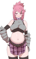Rule 34 | 1girl, arm at side, armor, bare shoulders, black bra, black gloves, black thighhighs, blush, boobplate, bra, breastplate, brown thighhighs, clenched teeth, contrapposto, copyright request, cowboy shot, elbow gloves, folded ponytail, gauntlets, gloves, hair ornament, hairclip, hand on own hip, jitome, looking at viewer, medium hair, midriff, navel, panty straps, pelvic curtain, pink eyes, pink hair, pregnant, purple scarf, scarf, simple background, solo, sumiyao (amam), swept bangs, teeth, thighhighs, underwear, white background