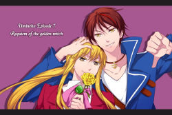Rule 34 | 1girl, 2boys, anchor, anchor (symbol), androgynous, blonde hair, brown hair, flower, formal, hand on another&#039;s head, in kai, jewelry, multicolored hair, multiple boys, necklace, rose, streaked hair, suit, two-tone hair, umineko no naku koro ni, ushiromiya lion, v-neck, willard h. wright, yellow eyes, yellow flower, yellow rose