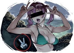Rule 34 | 1girl, ahegao, bar censor, beach, bikini, censored, commentary, day, double v, eyewear on head, glasses, green eyes, implied sex, original, pink hair, rolling eyes, short hair, solo, swimsuit, tongue, tongue out, twinpoo, twintails, v, when you see it