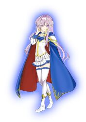 Rule 34 | 1girl, boots, cape, collar, cosplay, fire emblem, fire emblem: genealogy of the holy war, hand in own hair, headband, highres, julia (fire emblem), long hair, nintendo, purple eyes, purple hair, seliph (fire emblem), seliph (fire emblem) (cosplay), siglud1225, simple background, solo, thighhighs, thighs, white headband