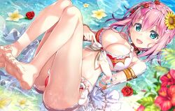Rule 34 | 1girl, armlet, ass, bare shoulders, barefoot, bikini, blue eyes, blush, bracelet, braid, breasts, cleavage, feet, flower, fujima takuya, hair flower, hair ornament, jewelry, large breasts, looking at viewer, navel, open mouth, pink hair, princess connect!, red bikini, short hair, soles, solo, sunflower, sunflower hair ornament, swimsuit, toes, water, yui (princess connect!), yui (summer) (princess connect!)