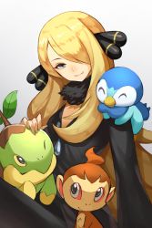 Rule 34 | 1girl, black coat, black pants, blonde hair, chimchar, closed mouth, coat, commentary request, creatures (company), cynthia (pokemon), danryoku (ucrh3525), fur collar, game freak, gen 4 pokemon, grey background, grey eyes, hair ornament, hair over one eye, highres, long hair, looking down, nintendo, pants, piplup, pokemon, pokemon (creature), pokemon dppt, smile, starter pokemon trio, turtwig