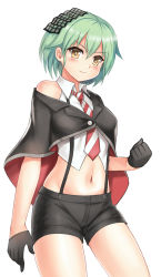 Rule 34 | 1girl, black gloves, character request, commentary request, gloves, green hair, highres, looking at viewer, navel, necktie, short hair, shorts, smile, solo, suspender shorts, suspenders, warship girls r, white background, y.ssanoha, yellow eyes