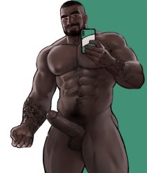 Rule 34 | 1boy, abs, arm hair, arm tattoo, bara, beard, black tank top, blush, chest hair, completely nude, dark-skinned male, dark skin, dopey (dopq), erection, facial hair, feet out of frame, highres, holding, holding phone, large pectorals, looking at viewer, male focus, male pubic hair, mature male, muscular, muscular male, navel, navel hair, nipples, nude, original, pectorals, penis, phone, pubic hair, selfie, short hair, solo, stomach, tank top, tattoo, thick eyebrows, thick thighs, thighs, uncensored, very dark skin