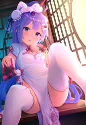 Rule 34 | 1girl, :o, ahoge, azur lane, backlighting, black ribbon, blush, box, breasts, bun cover, china dress, chinese clothes, cleavage, cleavage cutout, clothing cutout, commentary request, covered navel, double bun, dress, feet out of frame, flower knot, gift, gift box, hair bun, hair ornament, hair ribbon, hairclip, highres, holding, holding gift, indoors, knee up, lattice, leg up, long hair, looking at viewer, nomio, on head, on table, open mouth, parted lips, pelvic curtain, ponytail, purple eyes, purple hair, revision, ribbon, round window, see-through, short sleeves, sitting, small breasts, solo, spread legs, stuffed animal, stuffed toy, stuffed winged unicorn, table, tassel, teeth, thighhighs, thighs, unicorn (azur lane), unicorn (the gift of spring) (azur lane), unicorn (the gift of spring) (azur lane), upper teeth only, valentine, very long hair, white dress, white thighhighs, window, wrist cuffs
