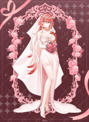 1girl absurdres aete alternate_costume artist_name bare_shoulders blush body_markings bouquet breasts bright_pupils changli_(wuthering_waves) closed_mouth collarbone colored_extremities commentary dress feather_hair flower full_body hair_extensions hand_on_own_chest high_heels highres holding holding_bouquet lace lace-trimmed_thighhighs lace_trim large_breasts long_dress long_hair looking_at_viewer pink_hair red_hands ring_hair_extensions side_slit smile solo strapless strapless_dress thighhighs veil very_long_hair white_dress white_hair white_pupils white_thighhighs white_veil wuthering_waves yellow_eyes