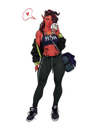 abs adidas bag baldur&#039;s_gate baldur&#039;s_gate_3 black_hair black_leggings broken_horn demon_horns dungeons_&amp;_dragons dungeons_&amp;_dragons earrings heart highres hoop_earrings horns jewelry karlach leggings olena_minko pointy_ears red_hair shoes shoulder_bag spoken_heart tattoo undercut