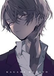 Rule 34 | 1boy, absurdres, black jacket, character name, closed mouth, collared shirt, commentary request, dress shirt, ear piercing, earrings, grey eyes, grey hair, hair between eyes, highres, jacket, jewelry, kagami hayato, male focus, mochizuki kei, nijisanji, piercing, shirt, simple background, solo, upper body, virtual youtuber, white background, white shirt