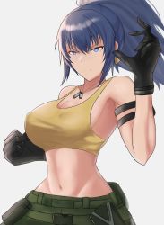 Rule 34 | 1girl, absurdres, armlet, blue eyes, blue hair, breasts, camouflage, camouflage pants, clenched hand, dog tags, gloves, highres, leona heidern, midriff, navel, pants, ponytail, sicescythe, simple background, solo, tank top, the king of fighters, the king of fighters xv, white background, yellow tank top