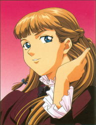 Rule 34 | 1990s (style), 1girl, blonde hair, blue eyes, braid, female focus, gundam, gundam wing, hair flip, happy, highres, looking at viewer, official art, red background, relena peacecraft, retro artstyle, ribbon, seductive smile, smile, solo, teeth, thick eyebrows, upper body