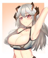 Rule 34 | 1girl, abineko, absurdres, arknights, arm up, armpits, bare shoulders, black choker, blush, border, breasts, choker, cleavage, commentary, crop top, english commentary, gradient background, grey hair, hair between eyes, highres, horns, large breasts, long hair, looking at viewer, midriff, navel, orange background, orange eyes, outside border, saria (arknights), solo, sports bra, stomach, sweat, upper body, white border