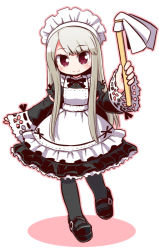 Rule 34 | 1girl, aliasing, black pantyhose, blonde hair, blush, character request, copyright request, duster, holding, holding duster, long hair, long sleeves, looking at viewer, maid, maid headdress, naga u, pantyhose, red eyes, simple background, smile, solo, split mouth, swept bangs, white background