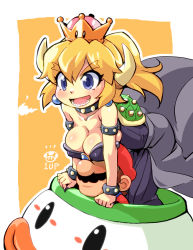 Rule 34 | 1boy, 1girl, :d, arm support, armlet, ass, bare shoulders, bent over, black dress, black nails, blonde hair, blue eyes, blush, bowsette, bracelet, breast rest, breasts, breasts on head, brown hair, collar, collarbone, crown, dress, facial hair, forked eyebrows, gem, hat, horns, jewelry, long hair, mario, mario (series), mustache, nail polish, new super mario bros. u deluxe, nino (ninouchi irazu), nintendo, open mouth, overalls, ponytail, red hat, red shirt, sharp teeth, shirt, smile, spiked bracelet, spiked collar, spikes, strapless, strapless dress, super crown, teeth, turtle shell