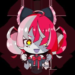 Rule 34 | 1girl, ahoge, bandaged arm, bandages, black bow, black dress, bow, chibi, clenched hands, double bun, dress, grey hair, hair bow, hair bun, heterochromia, hololive, hololive indonesia, kureiji ollie, kureiji ollie (artist), multicolored hair, open mouth, pink hair, red bow, red eyes, red hair, solo, star (symbol), star in eye, stitched face, stitches, symbol in eye, torn clothes, torn dress, virtual youtuber, yellow eyes, zombie