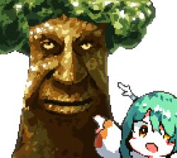 Rule 34 | 1girl, antlers, ceres fauna, downvote (downvote me), green hair, hair over one eye, hololive, hololive english, horns, long hair, looking at viewer, meme, open mouth, pixel art, pointing, pointing at another, simple background, tree, two soyjaks pointing (meme), virtual youtuber, white background, wise mystical tree (meme), yellow eyes