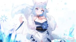 Rule 34 | 1girl, absurdres, animal ear fluff, animal ears, bell, blue eyes, blue nails, blunt bangs, blush, breasts, cleavage, commission, floral print, flower, fox ears, fox tail, fur (clothing), hair flower, hair ornament, hand on own chest, hands up, highres, indie virtual youtuber, japanese clothes, kimono, large breasts, light smile, looking at viewer, mole, mole on breast, mole under eye, nail polish, neck bell, off shoulder, right-over-left kimono, sakae izumi, signature, skeb commission, snowflake background, solo, sonoji, tail, tassel, thank you, upper body, virtual youtuber, white hair