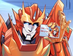 Rule 34 | absurdres, autobot, blue eyes, card, commentary, english commentary, highres, holding, holding card, lina rojas, looking ahead, mecha, portrait, robot, rodimus, science fiction, smile, solo, the transformers (idw), transformers, v-fin