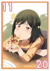 Rule 34 | 1girl, absurdres, bent over, black hair, black skirt, blush, bow, cheese trail, closed mouth, commentary request, dated, eating, elbows on table, food, hair bow, half-closed eyes, highres, holding, holding food, holding pizza, kneeling, looking at food, looking down, love live!, love live! nijigasaki high school idol club, medium hair, mifune shioriko, november, pizza, pizza slice, plate, puffy cheeks, red eyes, skirt, solo, struggling, sweat, sweater, table, yellow sweater, zasshoku ojisan