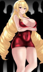 1girl arms_under_breasts bare_arms bare_legs bare_shoulders black_panties blonde_hair breasts cleavage collarbone covered_navel dress drill_hair elinalise_dragonroad feet_out_of_frame hair_between_eyes highres large_breasts long_hair looking_at_viewer mushoku_tensei panties parted_lips pointy_ears red_dress red_eyes shiny_clothes short_dress sidelocks smile solo_focus spaceroo standing teeth thick_thighs thighs tight_clothes tight_dress twin_drills underwear very_long_hair wide_hips