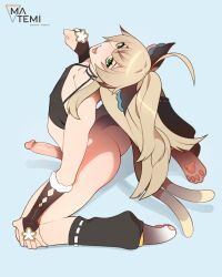 Rule 34 | 1boy, ahoge, animal ears, arched back, artist name, ass, blue background, bridal gauntlets, cat boy, cat ears, cat tail, commentary, covered erect nipples, genderswap, genderswap (ftm), genshin impact, green eyes, hair between eyes, highres, kirara (genshin impact), kneeling, long hair, looking at viewer, matemi, multiple tails, open mouth, penis, simple background, solo, tail, teeth, tongue, trap, two tails, watermark
