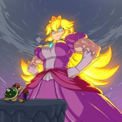 Rule 34 | 1girl, 2boys, biceps, blonde hair, bowser, brooch, crown, dress, facial hair, giant, giantess, gloves, glowing, glowing eyes, glowing hair, hands on own hips, hat, jewelry, long hair, looking at another, looking down, mario, mario (series), mini crown, multiple boys, muscular, muscular female, mustache, nintendo, pout, princess peach, role reversal, sheepapp, spiked shell, super mario 3d world, white gloves