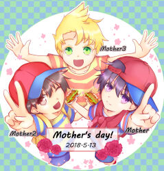 Rule 34 | 3boys, black hair, blonde hair, blue eyes, burger, child, crossover, food, hat, holding, holding food, in-franchise crossover, lucas (mother 3), male focus, mother&#039;s day, mother (game), mother 1, mother 2, mother 3, multiple boys, ness (mother 2), ninten, nintendo, open mouth, shirt, short hair, shorts, smile, striped clothes, striped shirt, yamamori uniko