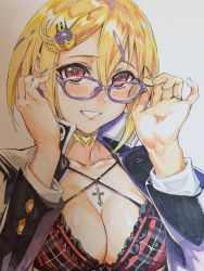 Rule 34 | 1girl, blonde hair, blush, breasts, character request, choker, cleavage, copyright request, curse mark, unworn eyewear, glasses, heart tatoo, highres, holding, holding removed eyewear, looking at viewer, medium breasts, ookuma nekosuke, red eyes, shinmai maou no testament, short hair, smile, solo, tachibana nanao, traditional media