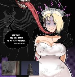 Rule 34 | 1boy, 1girl, blonde hair, breasts, full power elbow, gwen stacy, highres, large breasts, long tongue, marvel, spider-gwen, spider-man: into the spider-verse, spider-man (series), spider-verse, tongue, venom (marvel)