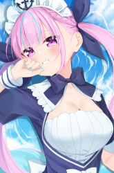 Rule 34 | 1girl, anchor, black ribbon, blue bow, blue dress, blue hair, blue nails, blush, bow, breasts, cleavage, commentary request, crying, crying with eyes open, dress, grin, hair ribbon, hand up, highres, hijouguti, hololive, lying, maid headdress, medium breasts, minato aqua, minato aqua (1st costume), multicolored hair, nail polish, on back, pink hair, puffy short sleeves, puffy sleeves, purple eyes, ribbon, ripples, short sleeves, smile, solo, streaked hair, tears, twintails, two-tone hair, upper body, virtual youtuber, water, white bow, wrist cuffs