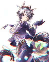 Rule 34 | 1girl, ahoge, animal ears, belt, black hair, black pants, blue eyes, breasts, center frills, chromatic aberration, cowboy shot, frills, fuji kiseki (umamusume), gloves, hand up, highres, hiro (chr zzz), horse ears, horse girl, horse tail, jacket, jewelry, large breasts, light smile, lips, long sleeves, looking at viewer, medium breasts, multicolored hair, necktie, one eye closed, pants, parted lips, shirt, short hair, solo, tail, two-tone hair, umamusume, white hair, white shirt