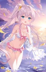 Rule 34 | 1girl, :d, bare legs, bikini, blue eyes, blush, breasts, celia claire, cleavage, cloud, coat, collarbone, commentary request, day, evening, flower, frilled bikini, frills, hair between eyes, hair ornament, highres, long hair, looking at viewer, mayo (miyusa), medium breasts, mountainous horizon, navel, ocean, open mouth, outdoors, petals, ponytail, seirei gensouki, silver hair, sky, smile, sunset, swimsuit, wading, white bikini, white coat