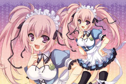 Rule 34 | 1girl, :d, anapom, apron, bad id, bad pixiv id, black thighhighs, blush, bow, breasts, cleavage, fang, hair ribbon, hand on own hip, headdress, highres, maid, maid apron, open mouth, original, pink eyes, pink hair, ribbon, smile, solo, thighhighs, twintails, zoom layer
